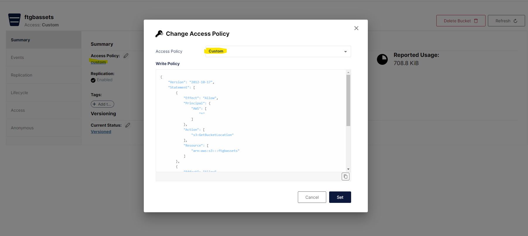 A screenshot showing the Minio Policy editor set to a Custom Policy